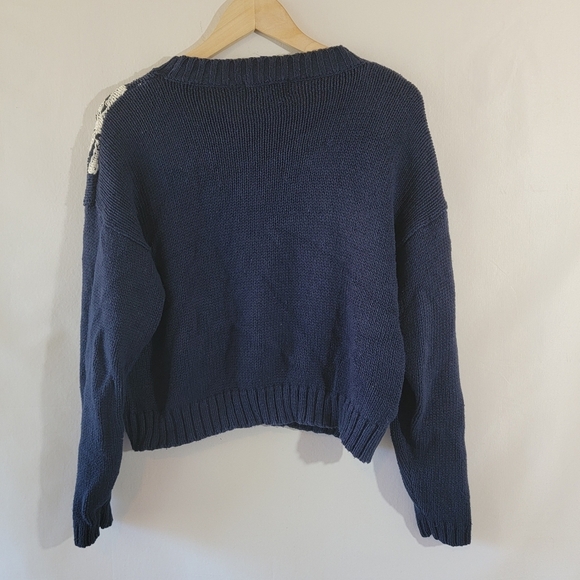 VTG Y2K Blue White Floral Chunky 3-D Knit Pullover Sweater Sz M Crop Cottagecore - Picture 2 of 11